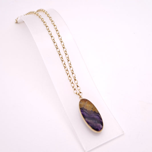 9ct Yellow Gold Heavyweight Large Blue John Pendant and Belcher Chain