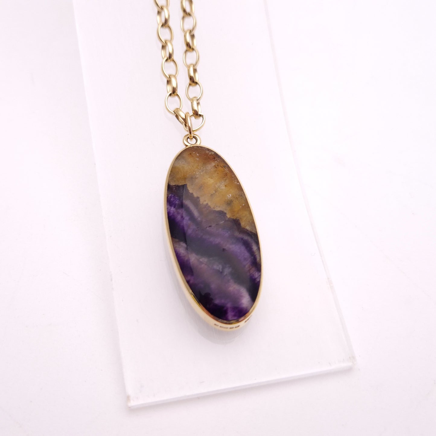 9ct Yellow Gold Heavyweight Large Blue John Pendant and Belcher Chain
