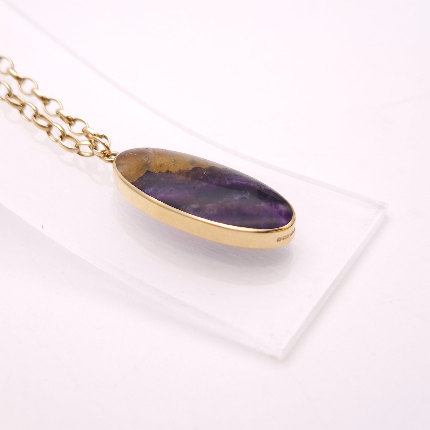 9ct Yellow Gold Heavyweight Large Blue John Pendant and Belcher Chain