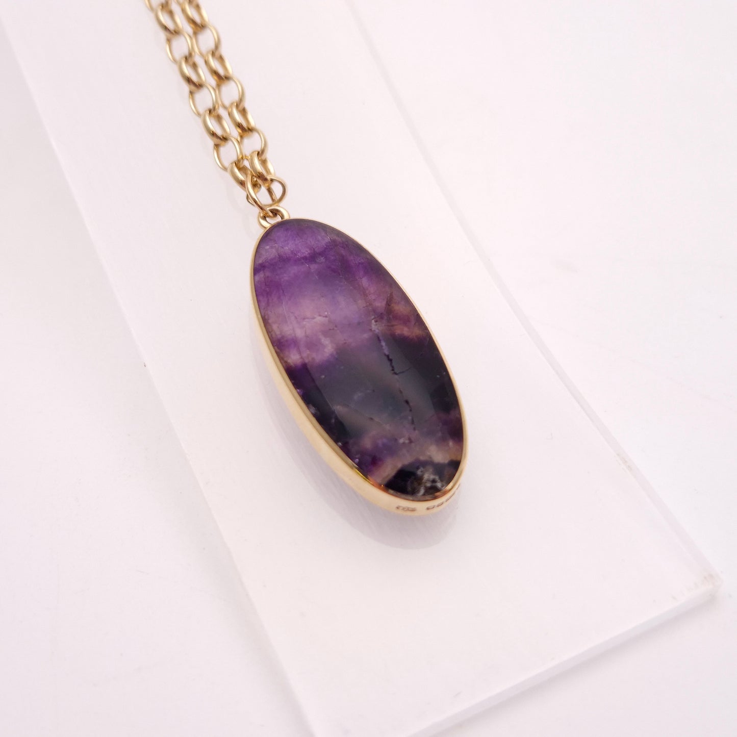 9ct Yellow Gold Heavyweight Large Blue John Pendant and Belcher Chain