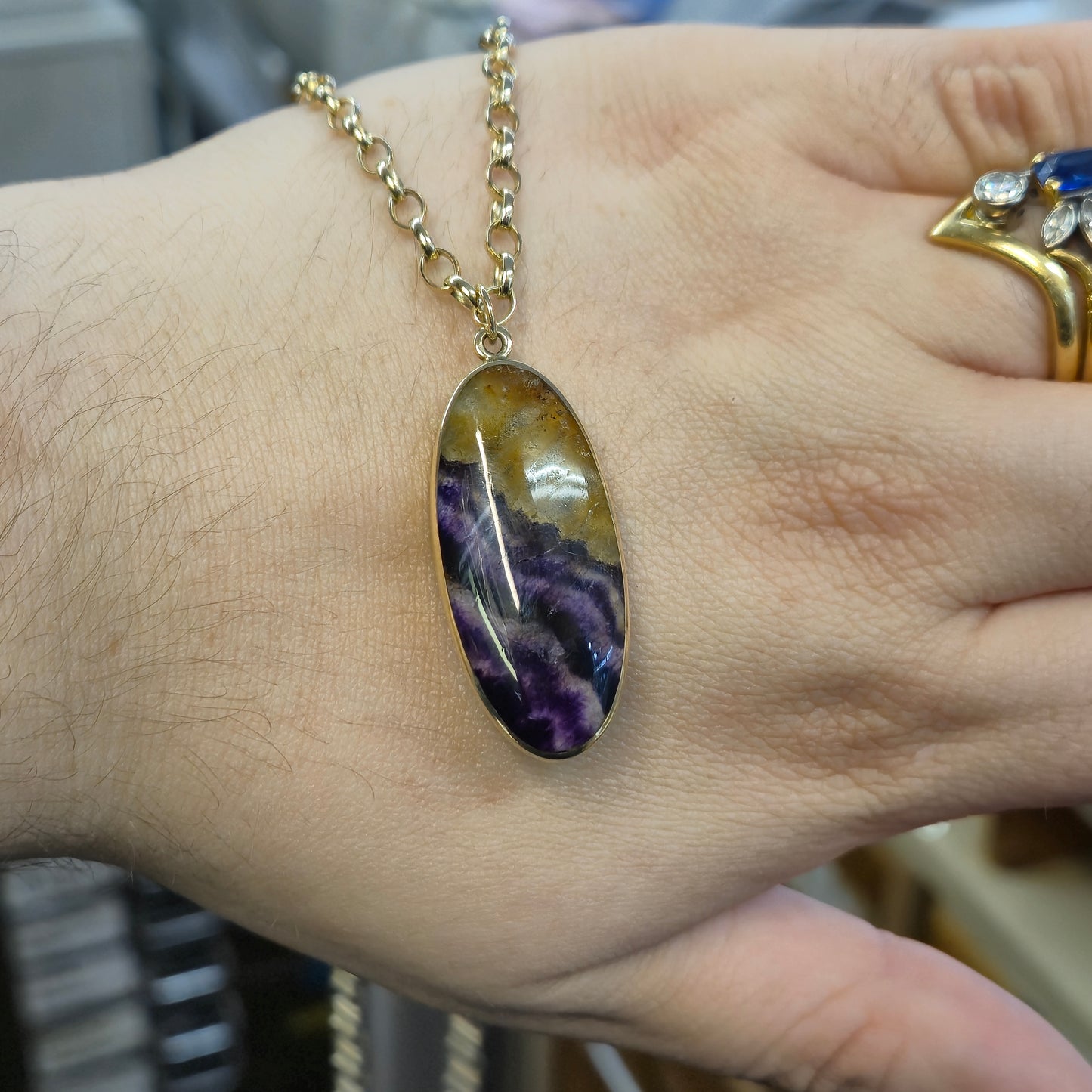 9ct Yellow Gold Heavyweight Large Blue John Pendant and Belcher Chain
