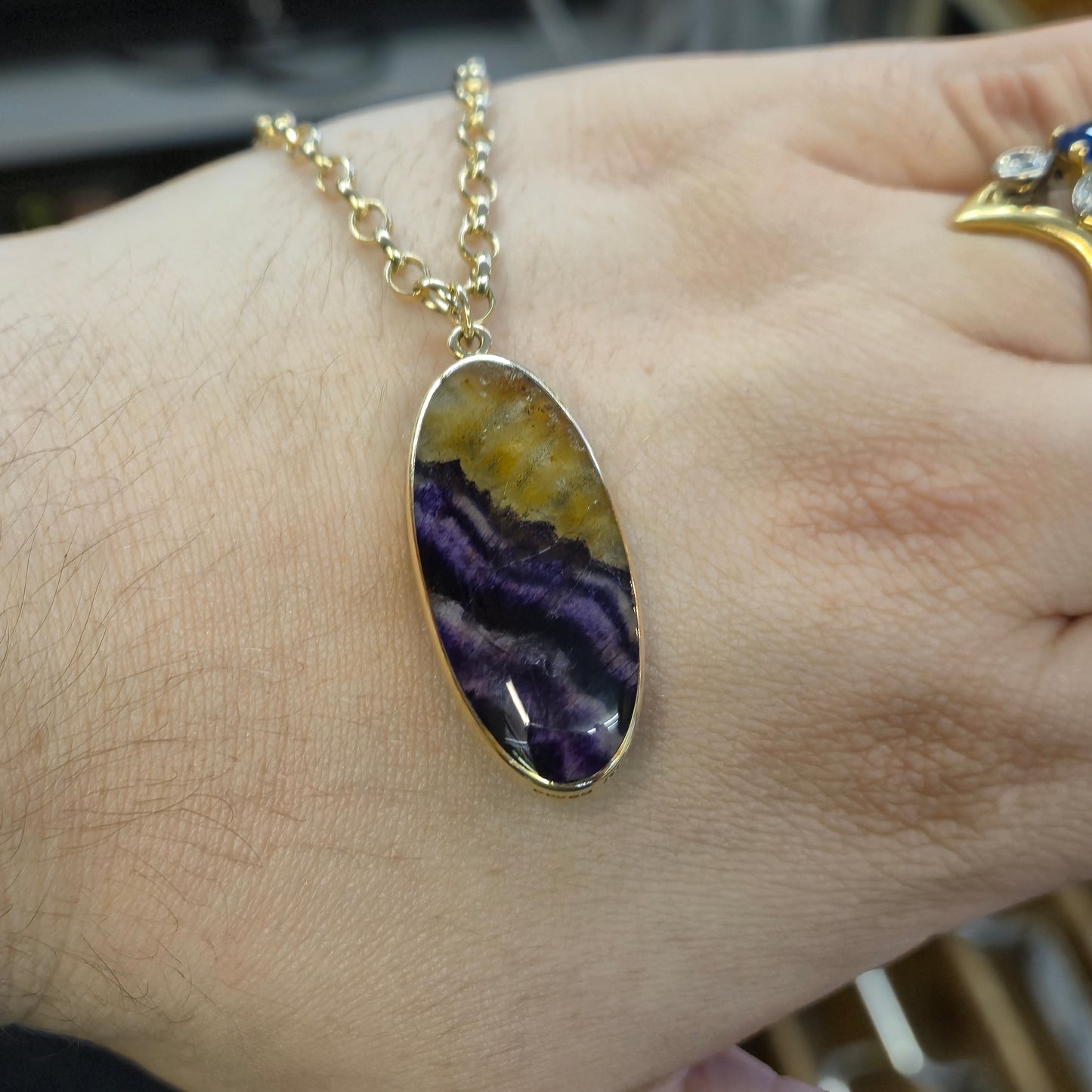 9ct Yellow Gold Heavyweight Large Blue John Pendant and Belcher Chain