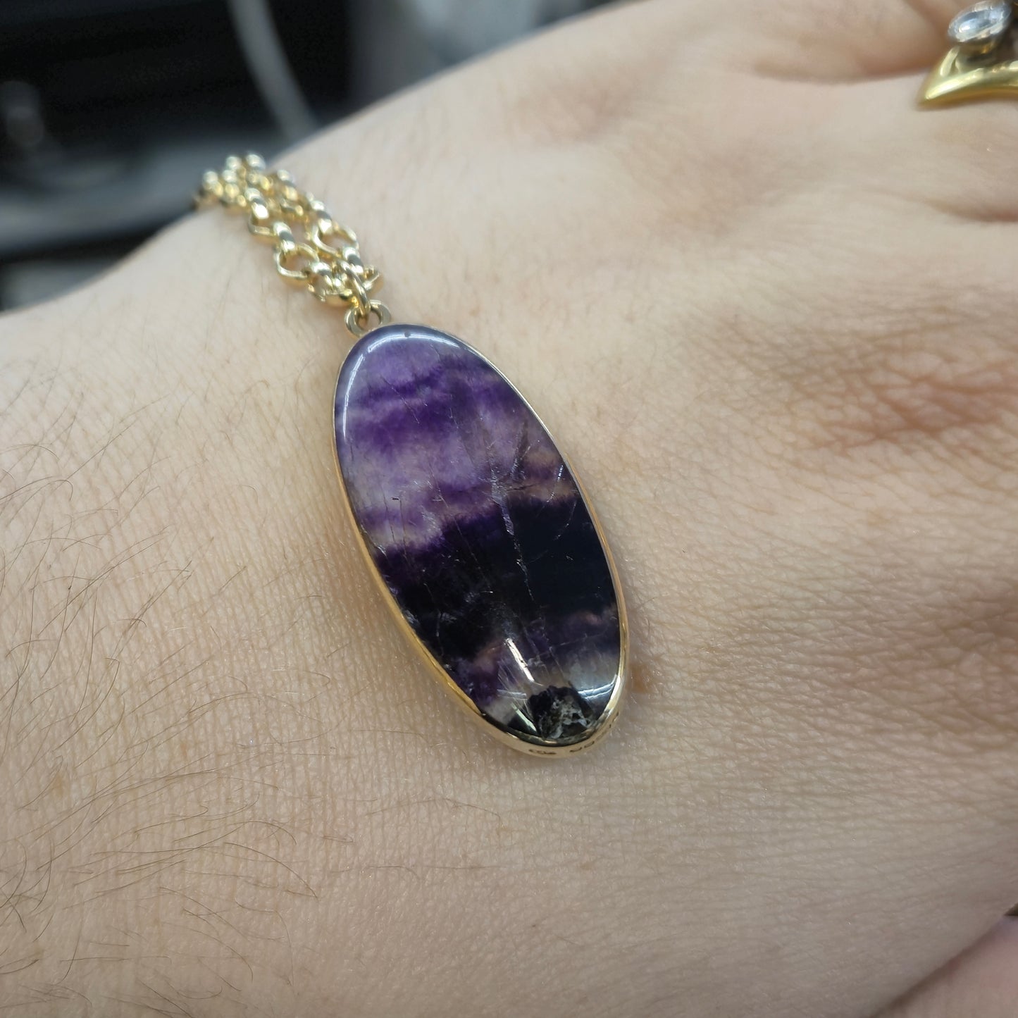 9ct Yellow Gold Heavyweight Large Blue John Pendant and Belcher Chain