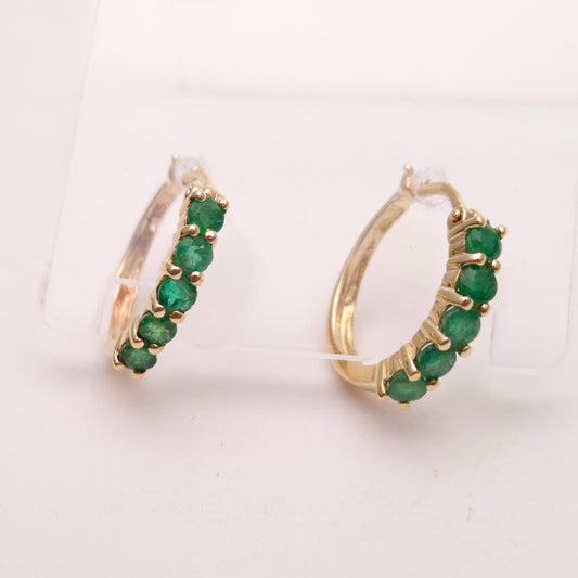 9ct Yellow Gold 5 Stone Emerald Hinged Hoop Creole Earrings