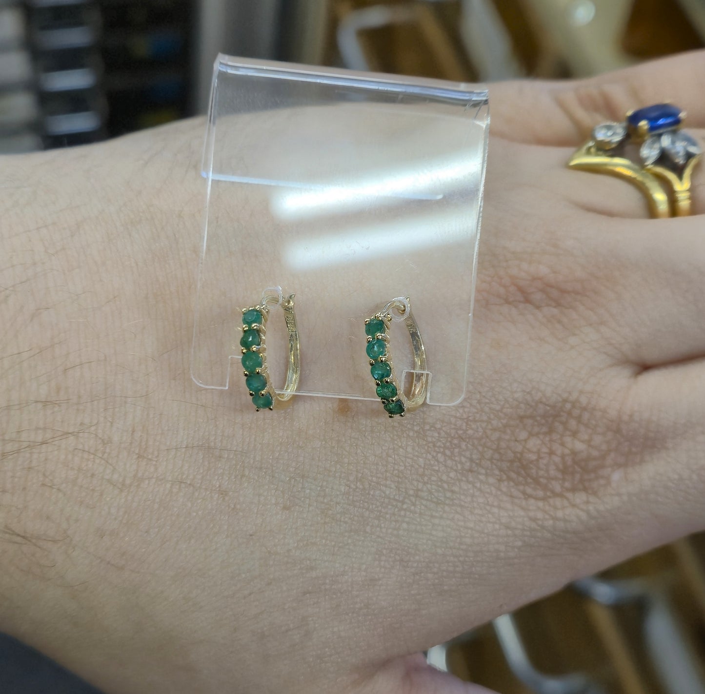 9ct Yellow Gold 5 Stone Emerald Hinged Hoop Creole Earrings