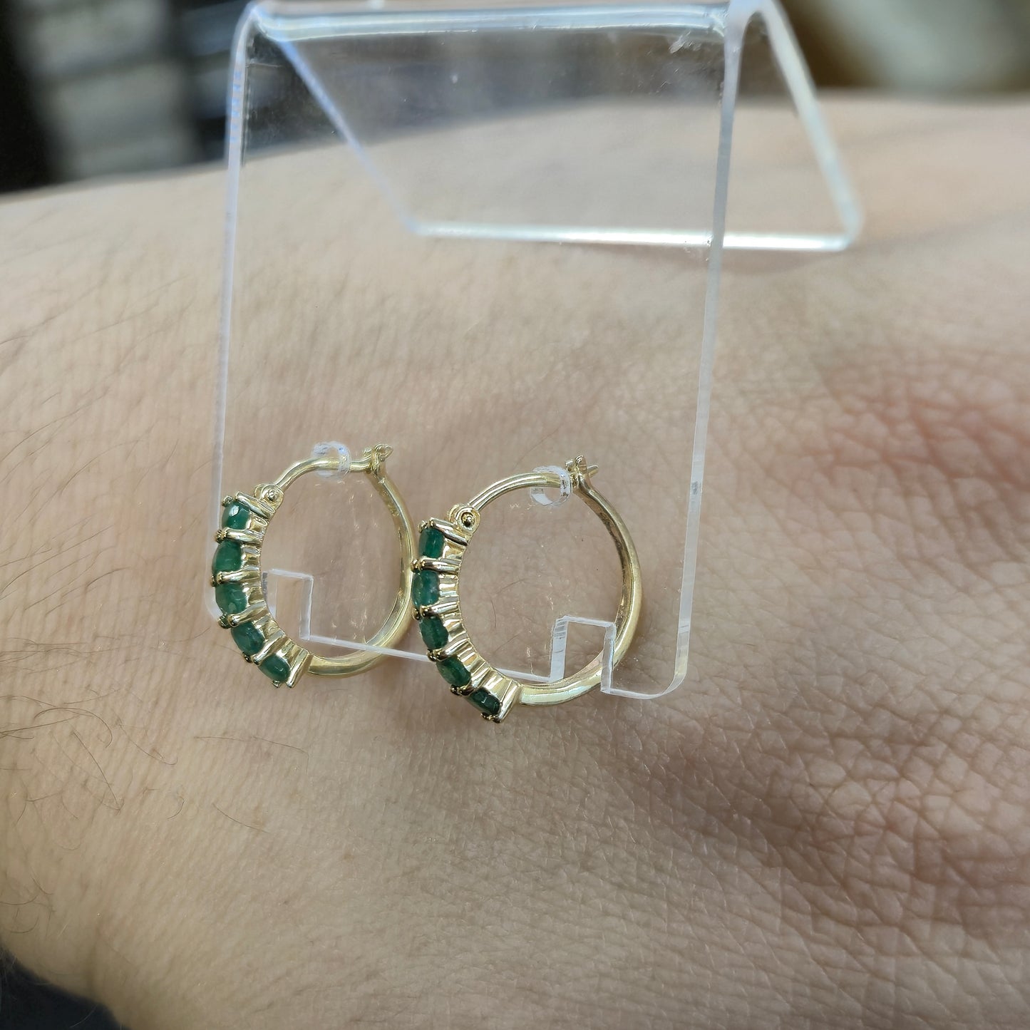 9ct Yellow Gold 5 Stone Emerald Hinged Hoop Creole Earrings