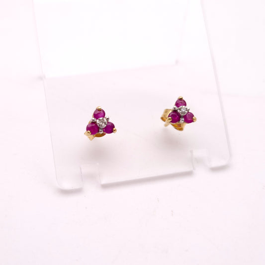 9ct Yellow Gold Ruby and Diamond Trefoil Stud Earrings
