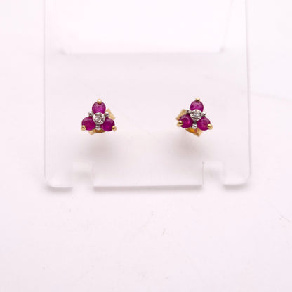 9ct Yellow Gold Ruby and Diamond Trefoil Stud Earrings