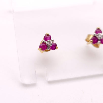9ct Yellow Gold Ruby and Diamond Trefoil Stud Earrings