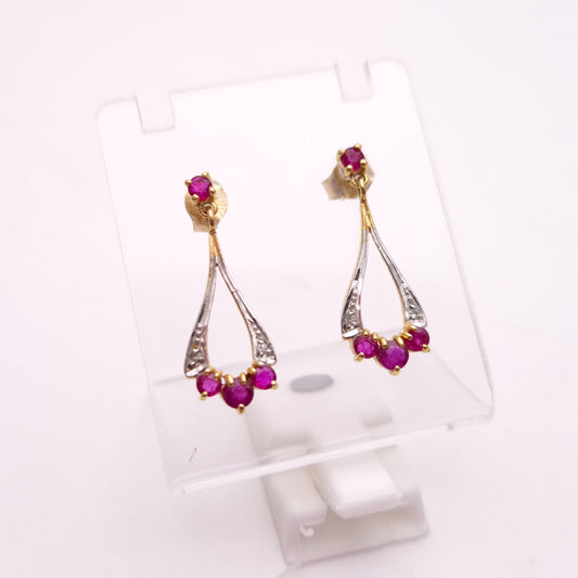 9ct Yellow and White gold Two Tone Ruby and Diamond Openwork Drop Earrings