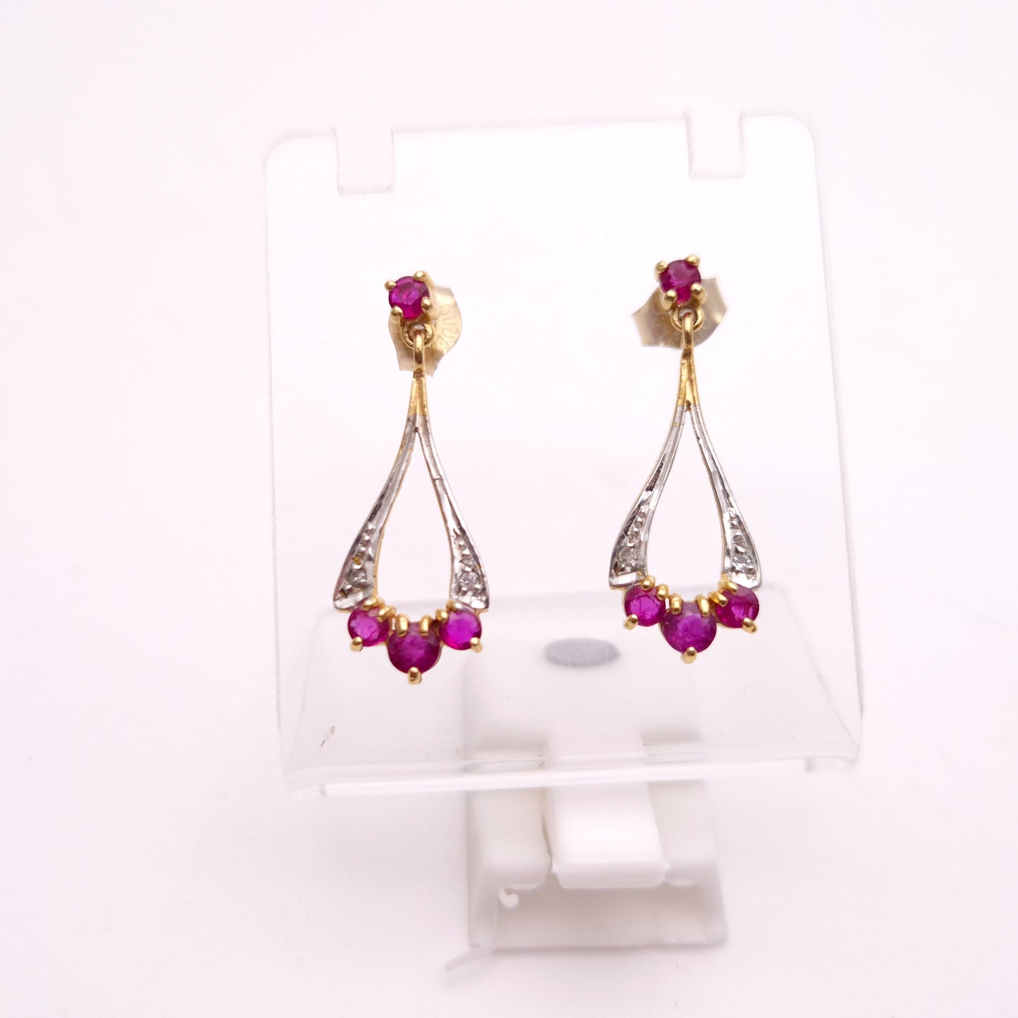 9ct Yellow and White gold Two Tone Ruby and Diamond Openwork Drop Earrings