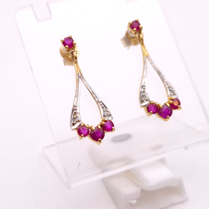 9ct Yellow and White gold Two Tone Ruby and Diamond Openwork Drop Earrings