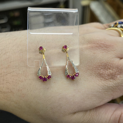 9ct Yellow and White gold Two Tone Ruby and Diamond Openwork Drop Earrings