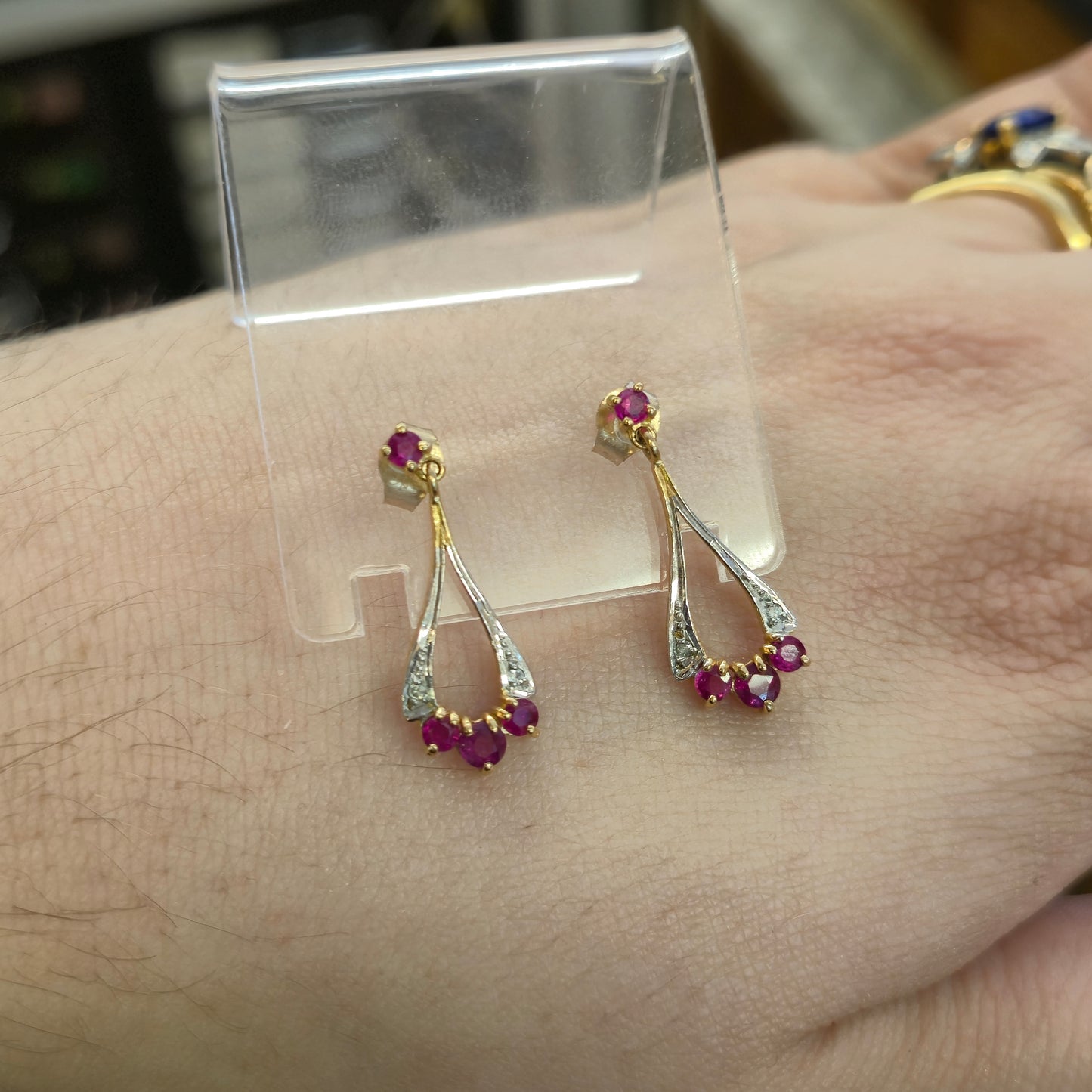 9ct Yellow and White gold Two Tone Ruby and Diamond Openwork Drop Earrings