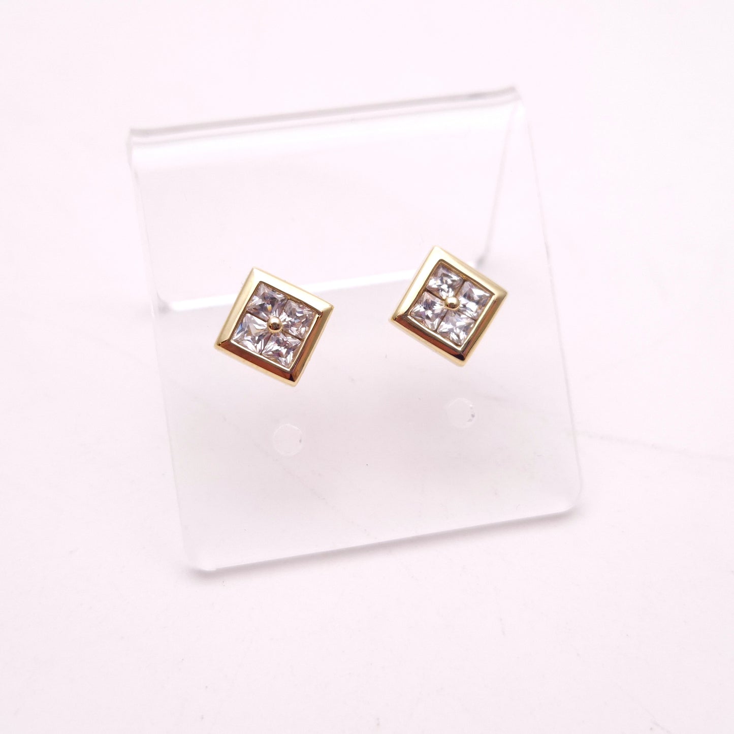 9ct Yellow Gold Four Stone Cubic Zirconia Square Stud Earrings