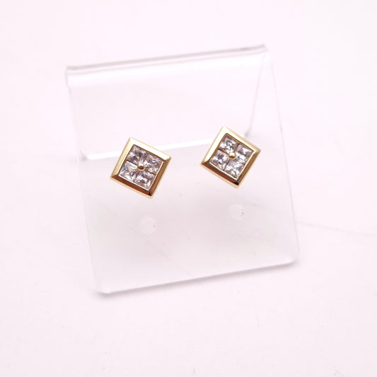 9ct Yellow Gold Four Stone Cubic Zirconia Square Stud Earrings