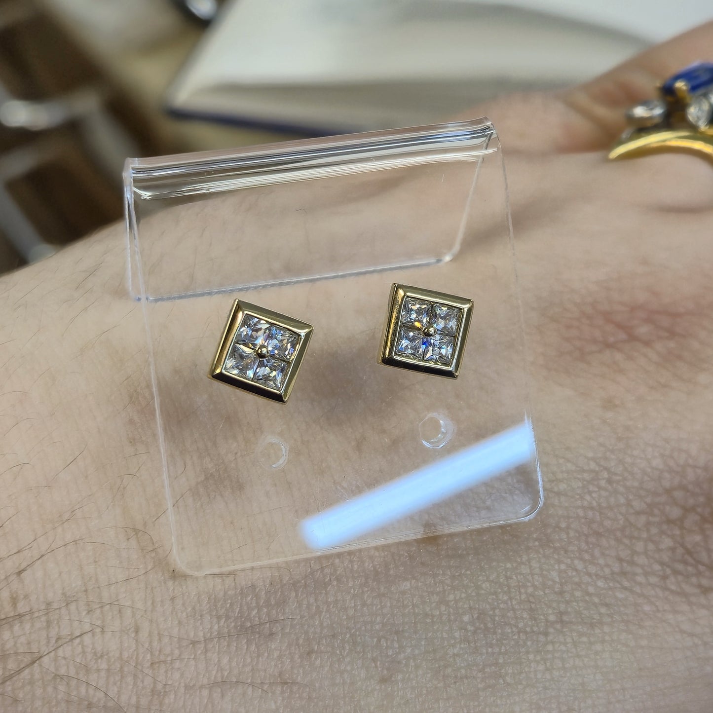 9ct Yellow Gold Four Stone Cubic Zirconia Square Stud Earrings
