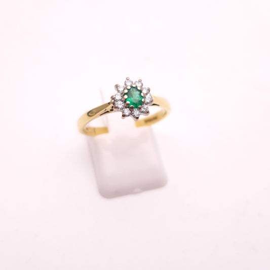 18ct Yellow Gold Traditional Emerald and Diamond Cluster Ring