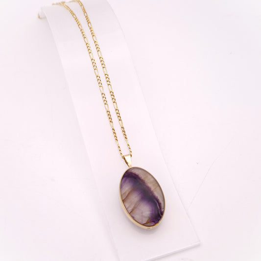 9ct Yellow Gold Large Oval Double-Sided Blue John Pendant and Chain Necklace