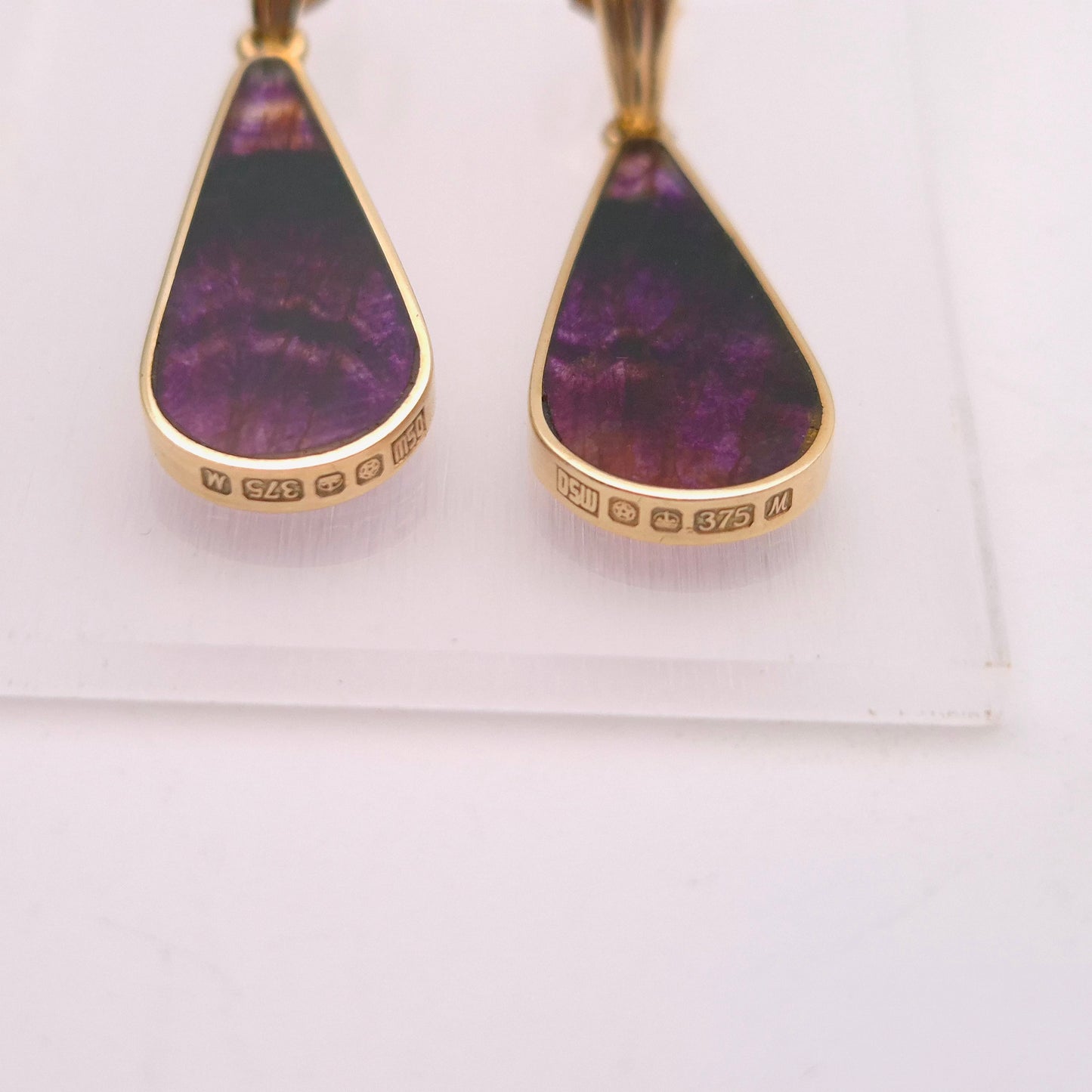 9ct Yellow Gold Vintage Blue John Dangle Drop Earrings