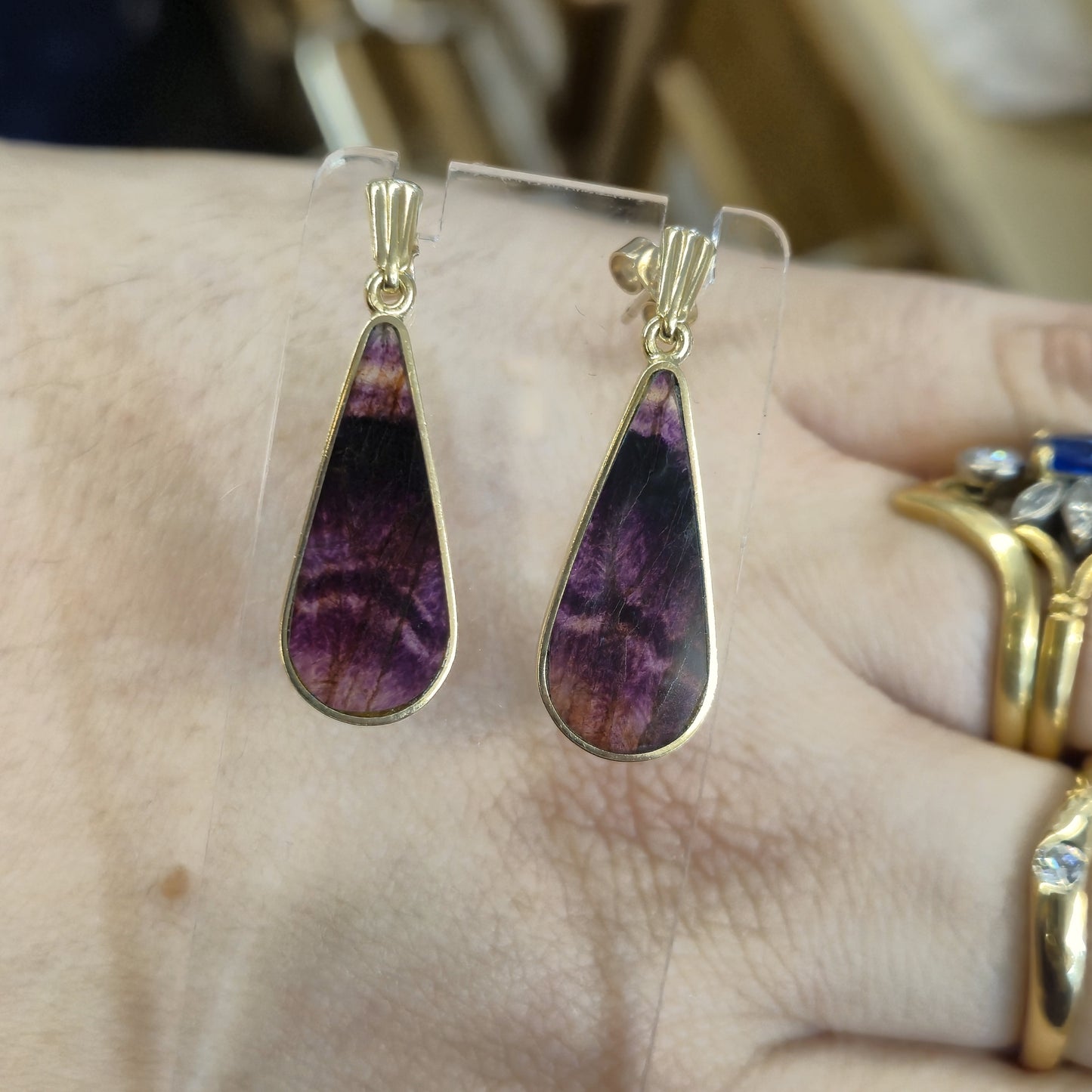 9ct Yellow Gold Vintage Blue John Dangle Drop Earrings
