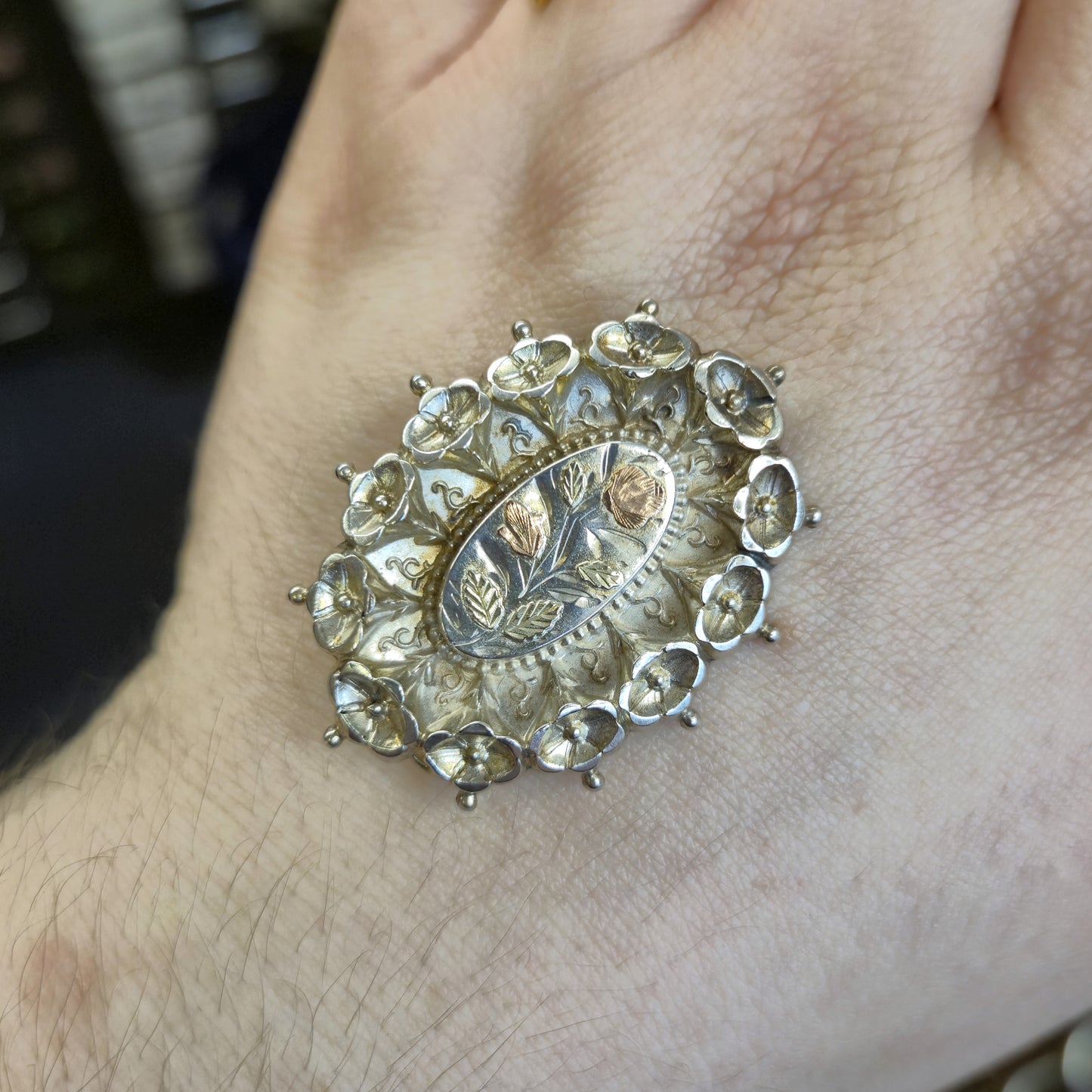 Sterling Silver and Gold Floral Antique 1883 Floral Patterned Brooch