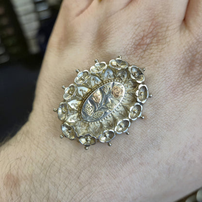Sterling Silver and Gold Floral Antique 1883 Floral Patterned Brooch