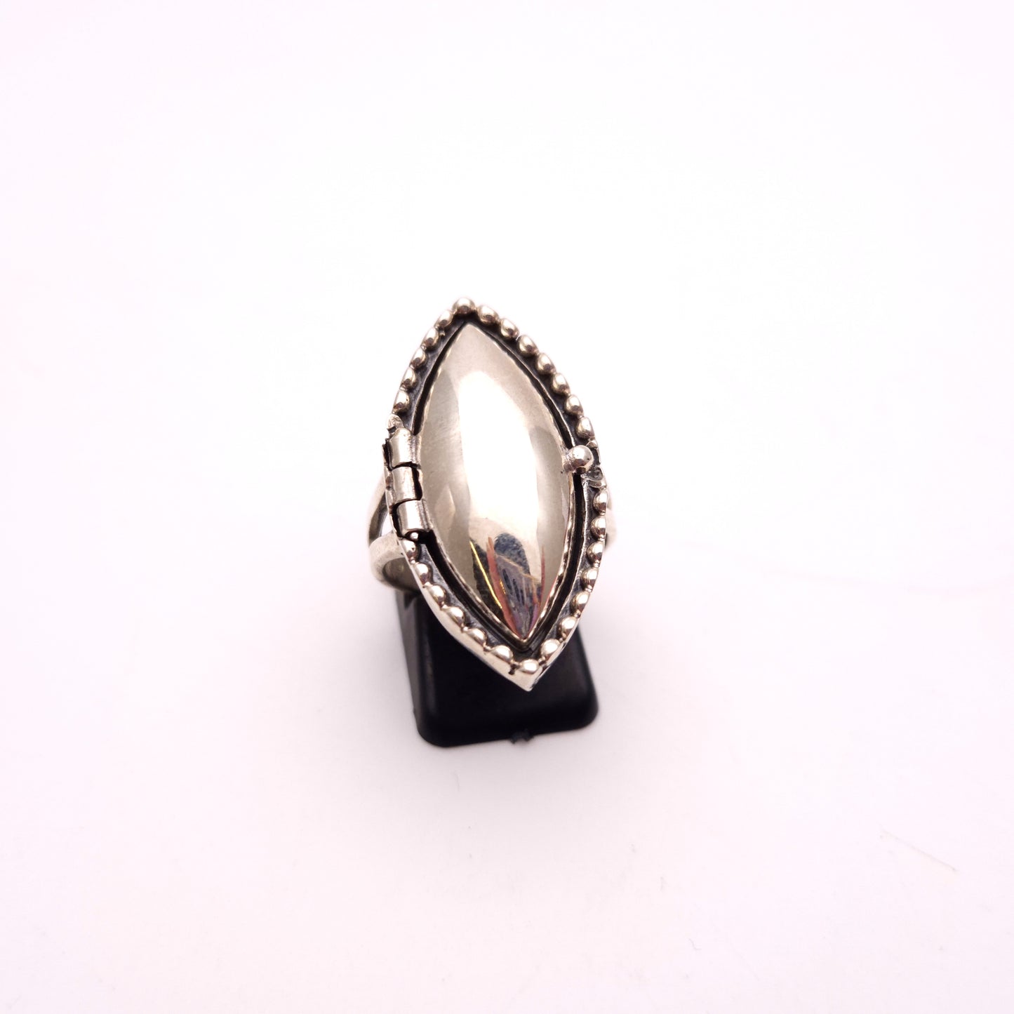 Sterling Silver Beaded Border Marquise Shape Locket / Poison Ring