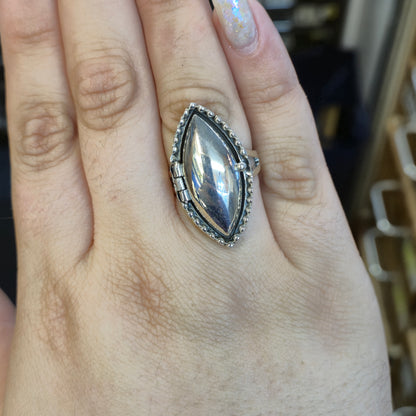 Sterling Silver Beaded Border Marquise Shape Locket / Poison Ring