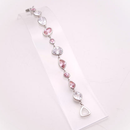 Sterling Silver Pink and White / Clear Cubic Zirconia Naturalist Shape Bracelet