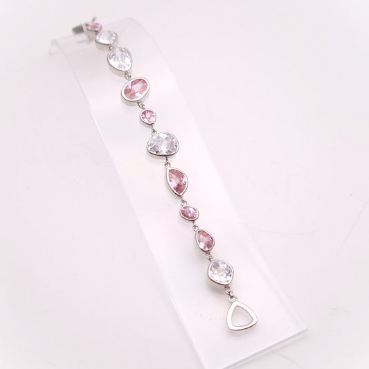 Sterling Silver Pink and White / Clear Cubic Zirconia Naturalist Shape Bracelet