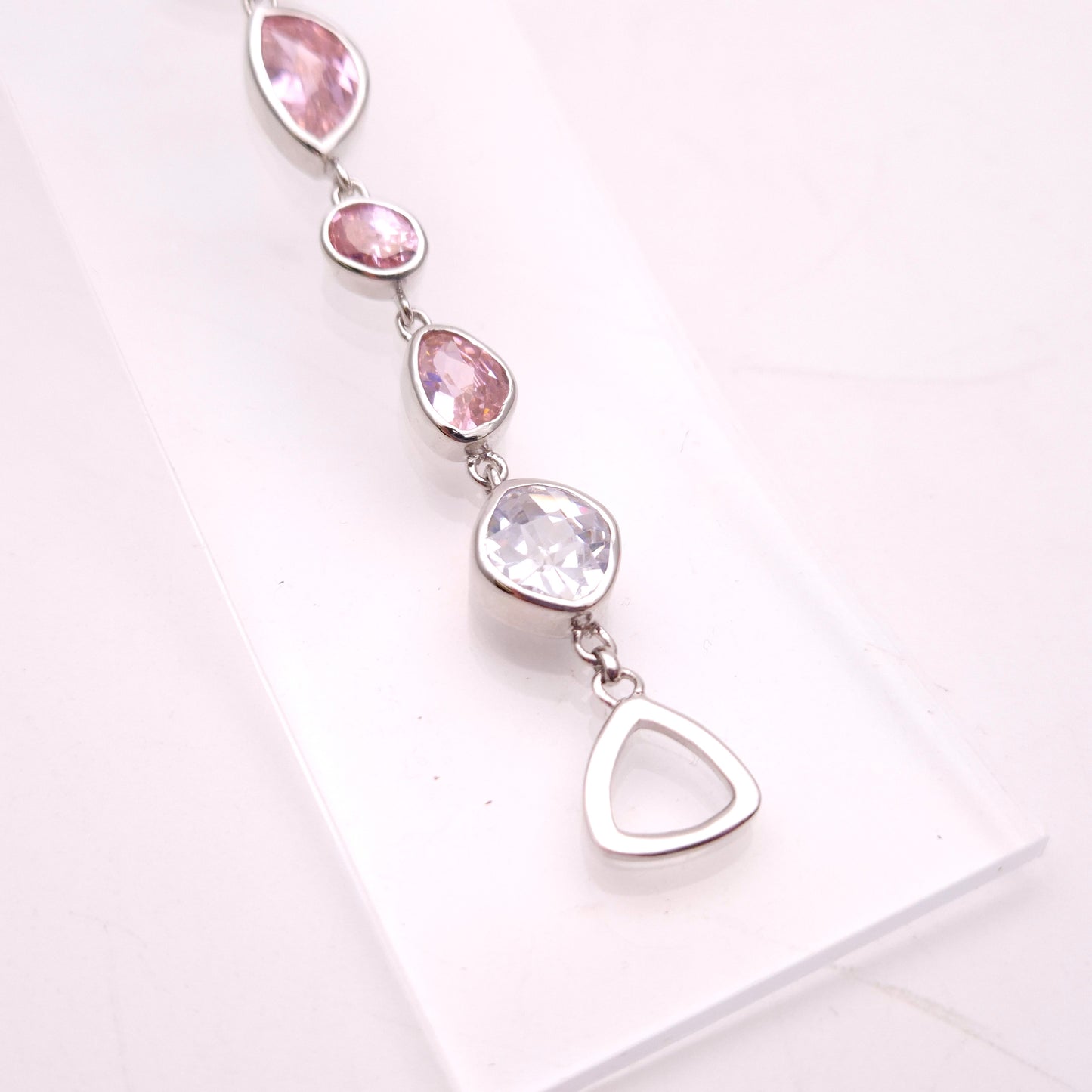 Sterling Silver Pink and White / Clear Cubic Zirconia Naturalist Shape Bracelet