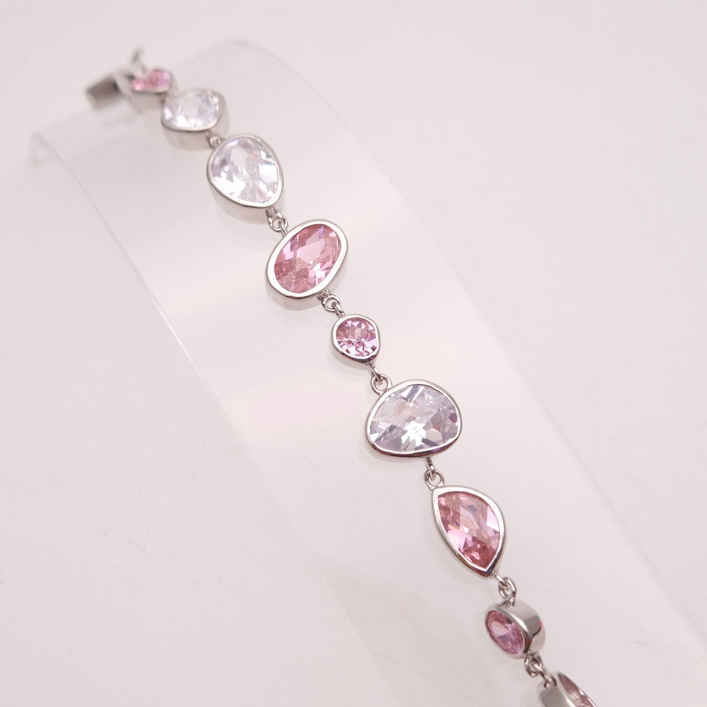 Sterling Silver Pink and White / Clear Cubic Zirconia Naturalist Shape Bracelet