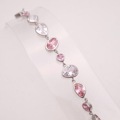 Sterling Silver Pink and White / Clear Cubic Zirconia Naturalist Shape Bracelet
