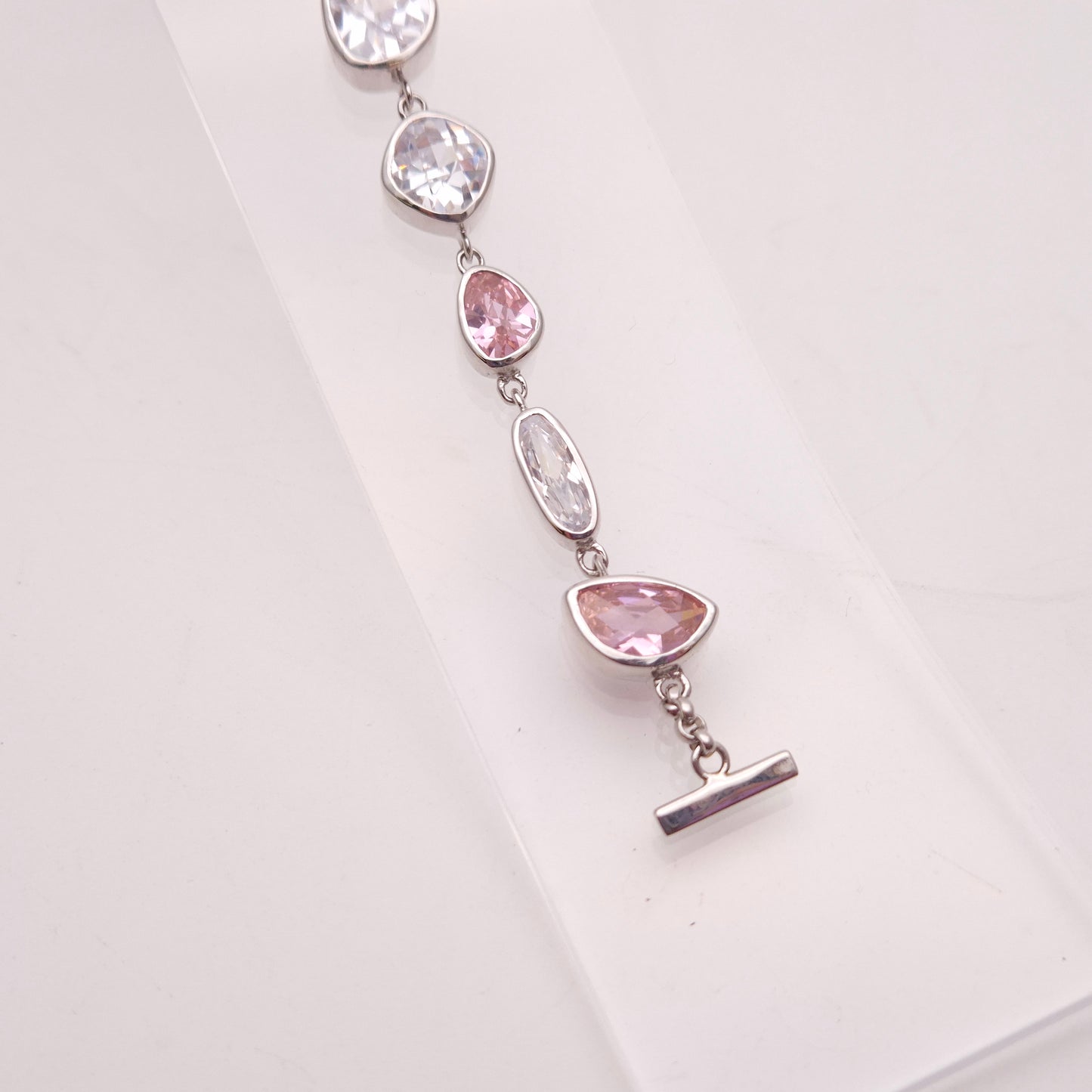 Sterling Silver Pink and White / Clear Cubic Zirconia Naturalist Shape Bracelet