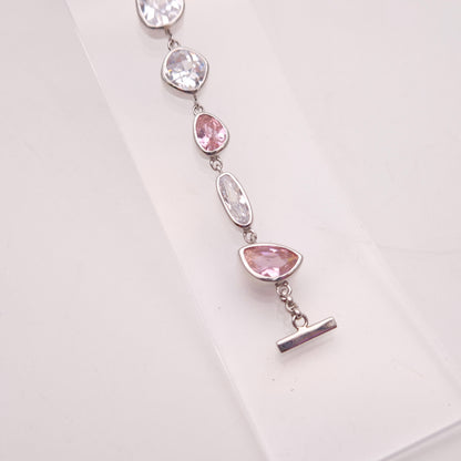 Sterling Silver Pink and White / Clear Cubic Zirconia Naturalist Shape Bracelet