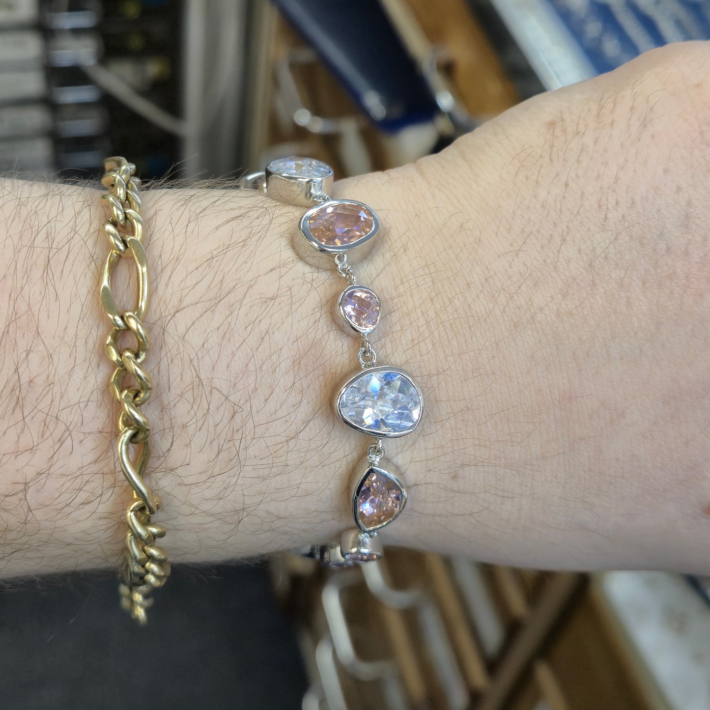 Sterling Silver Pink and White / Clear Cubic Zirconia Naturalist Shape Bracelet
