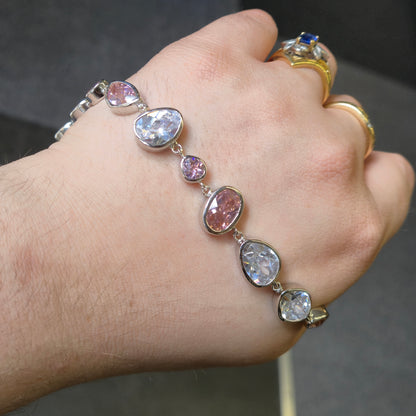 Sterling Silver Pink and White / Clear Cubic Zirconia Naturalist Shape Bracelet