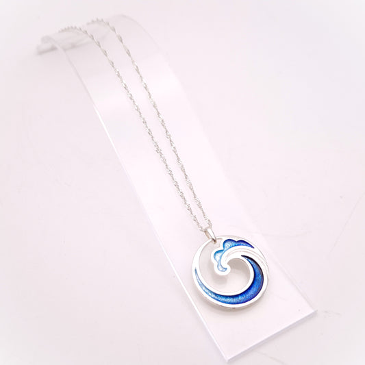 Sterling Silver Multi-Tone Blue Enamel Wave Pendant and Chain Necklace