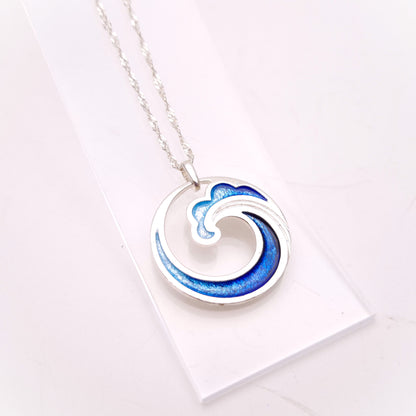 Sterling Silver Multi-Tone Blue Enamel Wave Pendant and Chain Necklace