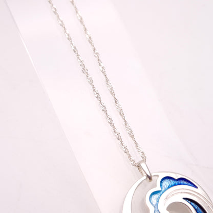Sterling Silver Multi-Tone Blue Enamel Wave Pendant and Chain Necklace