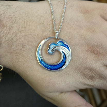 Sterling Silver Multi-Tone Blue Enamel Wave Pendant and Chain Necklace
