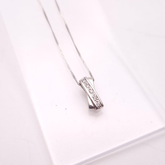 9ct White Gold Diamond Set 'X' Bar Pendant and Chain Necklace