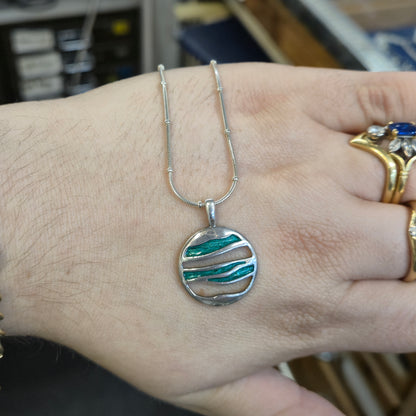 Sterling Silver Turquoise Enamel Abstract Circle Design Pendant & Chain Necklace