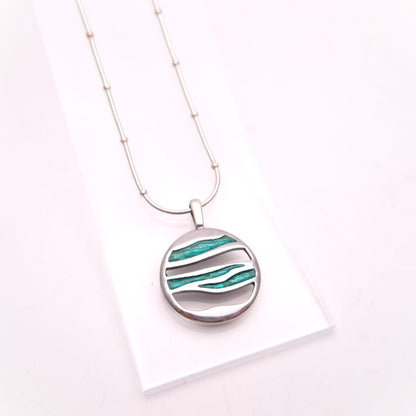 Sterling Silver Turquoise Enamel Abstract Circle Design Pendant & Chain Necklace