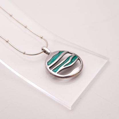 Sterling Silver Turquoise Enamel Abstract Circle Design Pendant & Chain Necklace