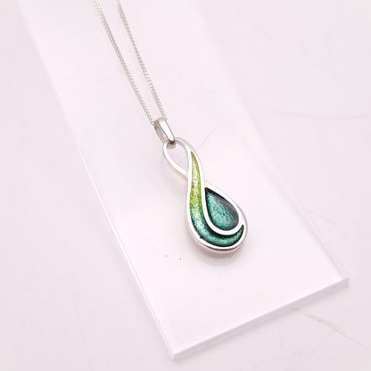 Sterling Silver Multi-Tone Green Swirly Enamel Pendant and Chain Necklace
