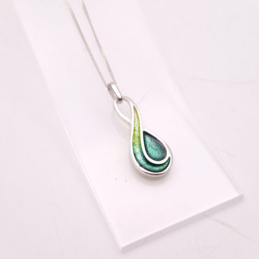 Sterling Silver Multi-Tone Green Swirly Enamel Pendant and Chain Necklace