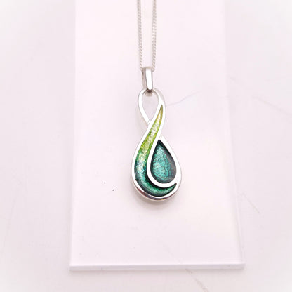 Sterling Silver Multi-Tone Green Swirly Enamel Pendant and Chain Necklace