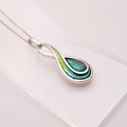 Sterling Silver Multi-Tone Green Swirly Enamel Pendant and Chain Necklace
